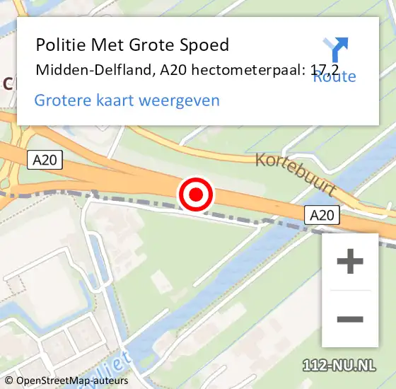 Locatie op kaart van de 112 melding: Politie Met Grote Spoed Naar Midden-Delfland, A20 hectometerpaal: 17,2 op 21 november 2022 06:20