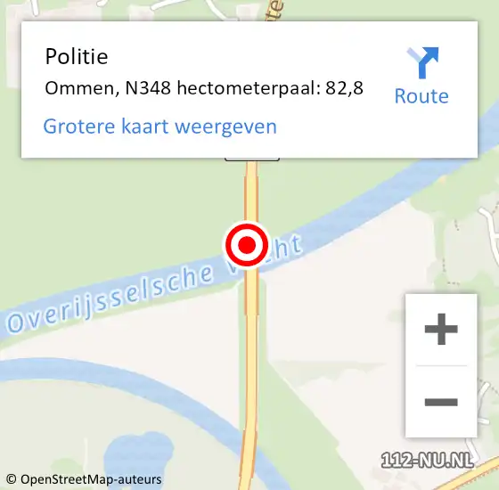 Locatie op kaart van de 112 melding: Politie Ommen, N348 hectometerpaal: 82,8 op 21 november 2022 06:31