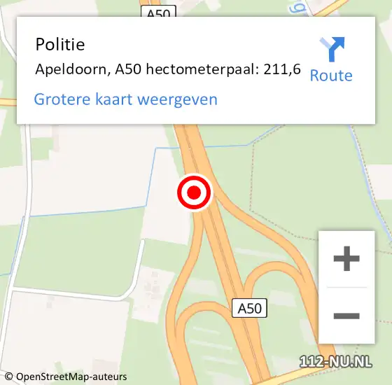 Locatie op kaart van de 112 melding: Politie Apeldoorn, A50 hectometerpaal: 211,6 op 21 november 2022 07:08
