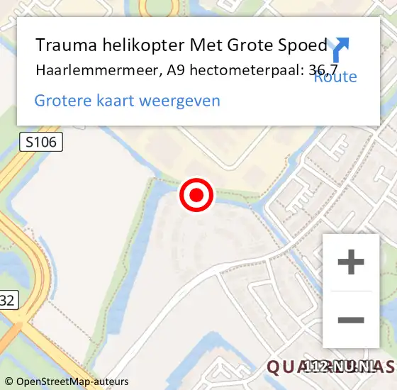 Locatie op kaart van de 112 melding: Trauma helikopter Met Grote Spoed Naar Haarlemmermeer, A9 hectometerpaal: 36,7 op 21 november 2022 07:41