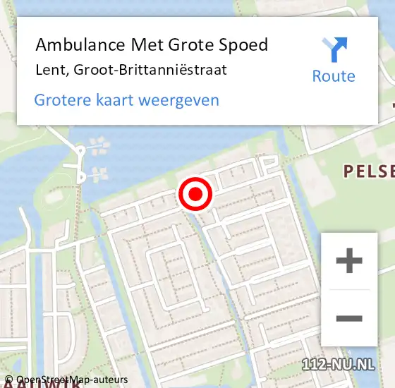 Locatie op kaart van de 112 melding: Ambulance Met Grote Spoed Naar Lent, Groot-Brittanniëstraat op 21 november 2022 08:13