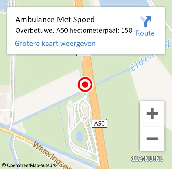 Locatie op kaart van de 112 melding: Ambulance Met Spoed Naar Overbetuwe, A50 hectometerpaal: 158 op 21 november 2022 08:19