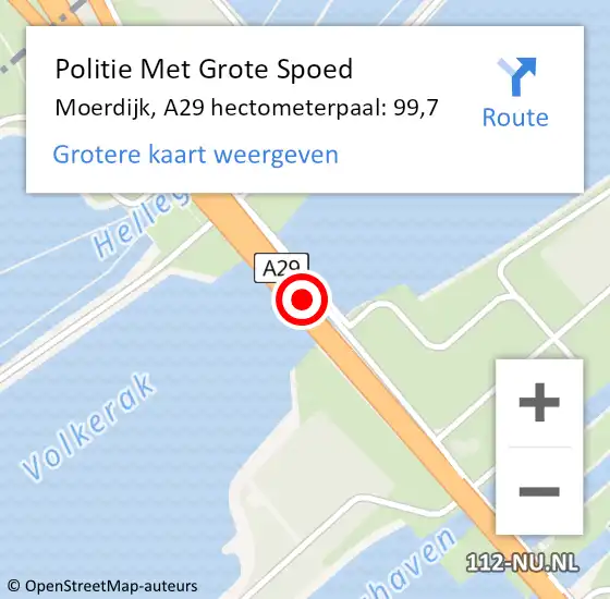 Locatie op kaart van de 112 melding: Politie Met Grote Spoed Naar Moerdijk, A29 hectometerpaal: 99,7 op 21 november 2022 08:25