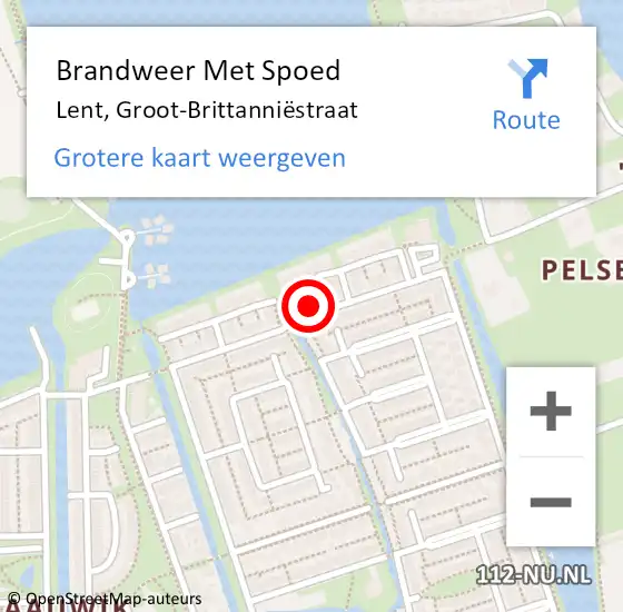 Locatie op kaart van de 112 melding: Brandweer Met Spoed Naar Lent, Groot-Brittanniëstraat op 21 november 2022 08:30