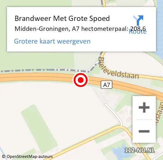 Locatie op kaart van de 112 melding: Brandweer Met Grote Spoed Naar Midden-Groningen, A7 hectometerpaal: 208,6 op 21 november 2022 08:44