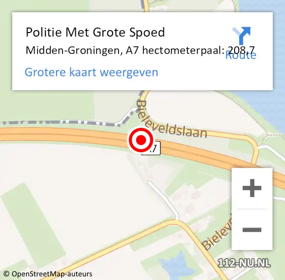 Locatie op kaart van de 112 melding: Politie Met Grote Spoed Naar Midden-Groningen, A7 hectometerpaal: 208,7 op 21 november 2022 08:46