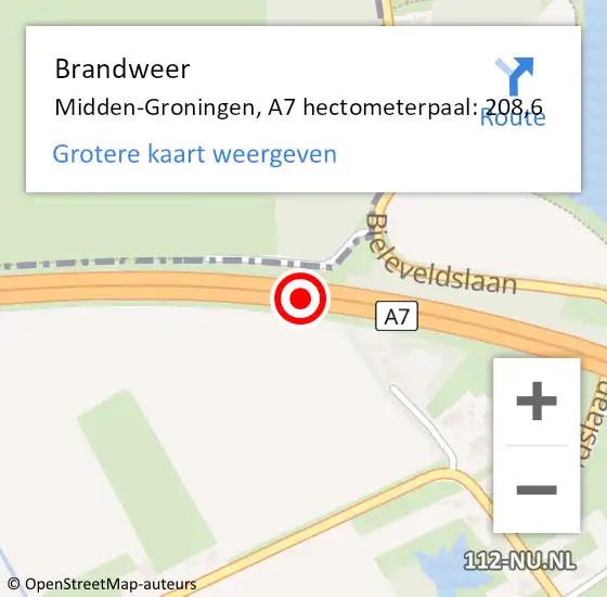 Locatie op kaart van de 112 melding: Brandweer Midden-Groningen, A7 hectometerpaal: 208,6 op 21 november 2022 08:47