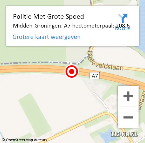 Locatie op kaart van de 112 melding: Politie Met Grote Spoed Naar Midden-Groningen, A7 hectometerpaal: 208,6 op 21 november 2022 08:49