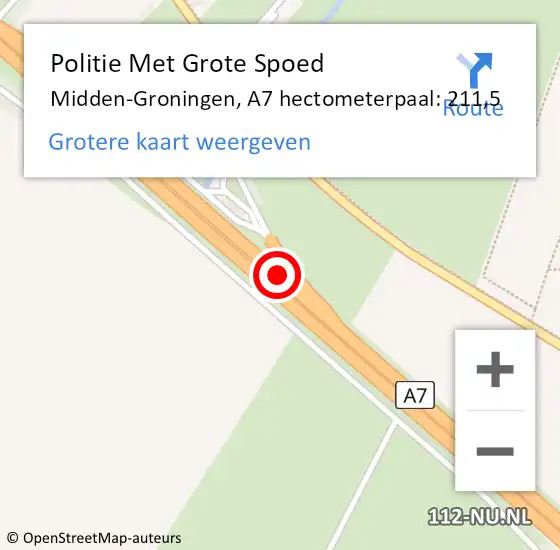 Locatie op kaart van de 112 melding: Politie Met Grote Spoed Naar Midden-Groningen, A7 hectometerpaal: 211,5 op 21 november 2022 09:05