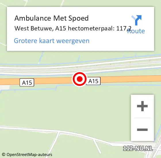 Locatie op kaart van de 112 melding: Ambulance Met Spoed Naar West Betuwe, A15 hectometerpaal: 117,2 op 21 november 2022 09:05