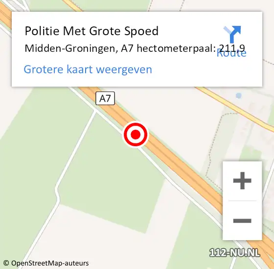 Locatie op kaart van de 112 melding: Politie Met Grote Spoed Naar Midden-Groningen, A7 hectometerpaal: 211,9 op 21 november 2022 09:08