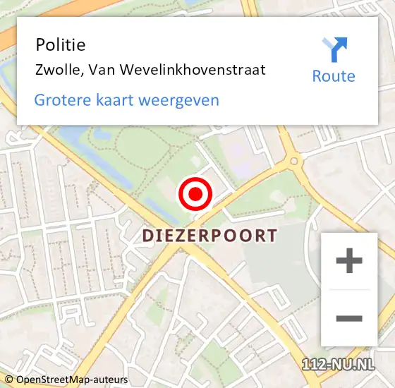 Locatie op kaart van de 112 melding: Politie Zwolle, Van Wevelinkhovenstraat op 21 november 2022 09:57