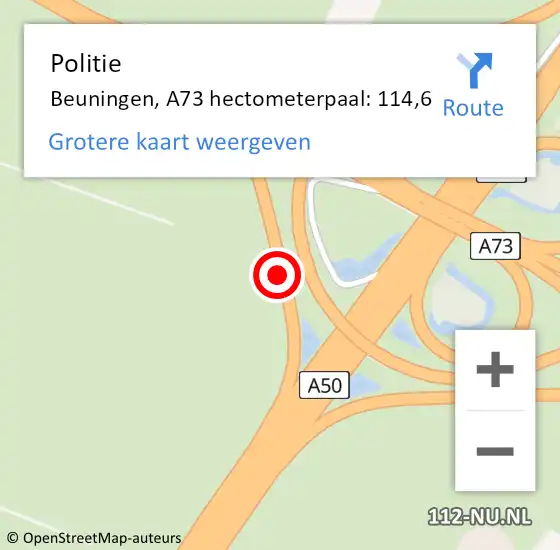 Locatie op kaart van de 112 melding: Politie Beuningen, A73 hectometerpaal: 114,6 op 21 november 2022 10:13