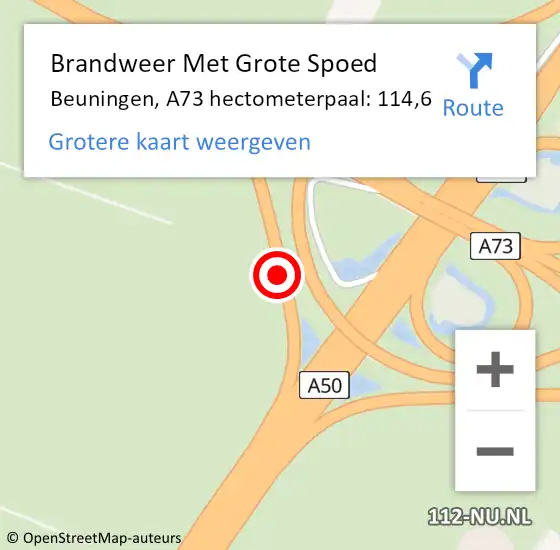 Locatie op kaart van de 112 melding: Brandweer Met Grote Spoed Naar Beuningen, A73 hectometerpaal: 114,6 op 21 november 2022 10:14