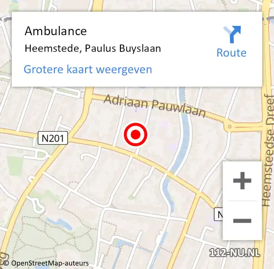 Locatie op kaart van de 112 melding: Ambulance Heemstede, Paulus Buyslaan op 21 november 2022 13:08