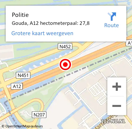 Locatie op kaart van de 112 melding: Politie Gouda, A12 hectometerpaal: 27,8 op 21 november 2022 14:02