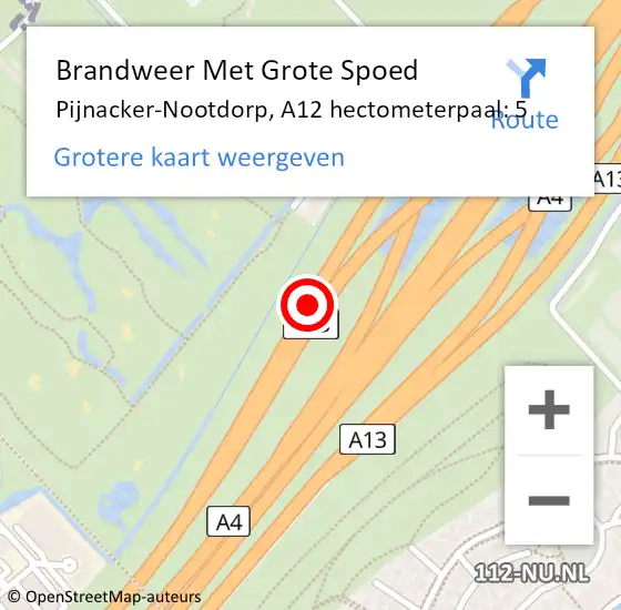 Locatie op kaart van de 112 melding: Brandweer Met Grote Spoed Naar Pijnacker-Nootdorp, A12 hectometerpaal: 5 op 21 november 2022 15:21