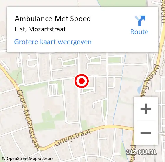 Locatie op kaart van de 112 melding: Ambulance Met Spoed Naar Elst, Mozartstraat op 21 november 2022 15:42