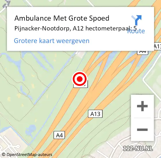 Locatie op kaart van de 112 melding: Ambulance Met Grote Spoed Naar Pijnacker-Nootdorp, A12 hectometerpaal: 5 op 21 november 2022 17:31