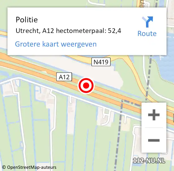 Locatie op kaart van de 112 melding: Politie Utrecht, A12 hectometerpaal: 52,4 op 22 november 2022 01:17