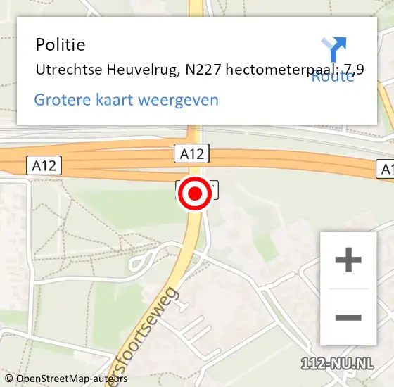 Locatie op kaart van de 112 melding: Politie Utrechtse Heuvelrug, N227 hectometerpaal: 7,9 op 22 november 2022 05:49