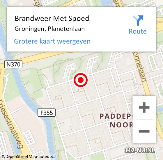 Locatie op kaart van de 112 melding: Brandweer Met Spoed Naar Groningen, Planetenlaan op 22 november 2022 06:04