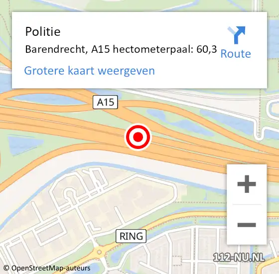Locatie op kaart van de 112 melding: Politie Barendrecht, A15 hectometerpaal: 60,3 op 22 november 2022 06:10