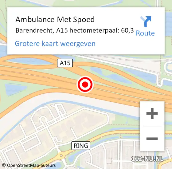 Locatie op kaart van de 112 melding: Ambulance Met Spoed Naar Barendrecht, A15 hectometerpaal: 60,3 op 22 november 2022 06:11