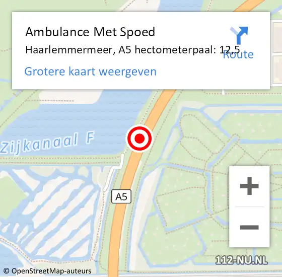 Locatie op kaart van de 112 melding: Ambulance Met Spoed Naar Haarlemmermeer, A5 hectometerpaal: 12,5 op 22 november 2022 07:03