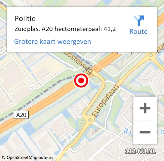 Locatie op kaart van de 112 melding: Politie Zuidplas, A20 hectometerpaal: 41,2 op 22 november 2022 08:00