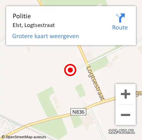 Locatie op kaart van de 112 melding: Politie Elst, Logtsestraat op 22 november 2022 08:17