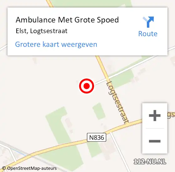 Locatie op kaart van de 112 melding: Ambulance Met Grote Spoed Naar Elst, Logtsestraat op 22 november 2022 08:19