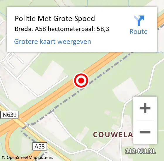 Locatie op kaart van de 112 melding: Politie Met Grote Spoed Naar Breda, A58 hectometerpaal: 58,3 op 22 november 2022 08:22