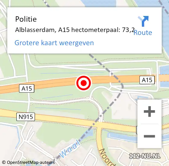 Locatie op kaart van de 112 melding: Politie Alblasserdam, A15 hectometerpaal: 73,2 op 22 november 2022 08:27