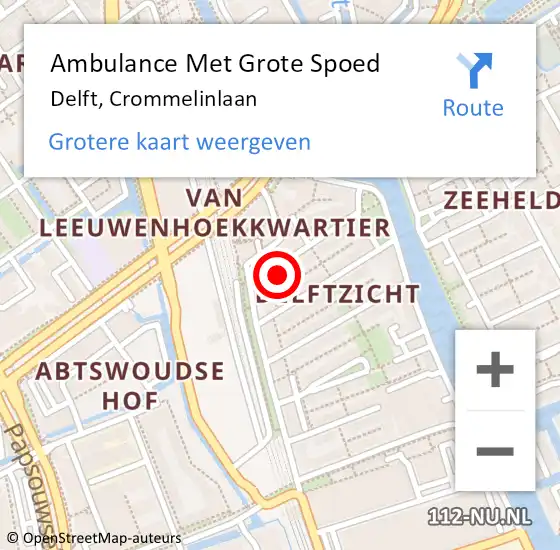 Locatie op kaart van de 112 melding: Ambulance Met Grote Spoed Naar Delft, Crommelinlaan op 22 november 2022 10:21