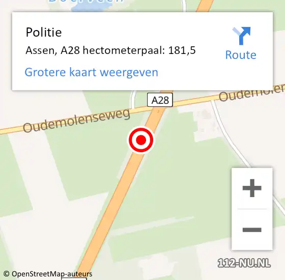 Locatie op kaart van de 112 melding: Politie Assen, A28 hectometerpaal: 181,5 op 22 november 2022 11:41