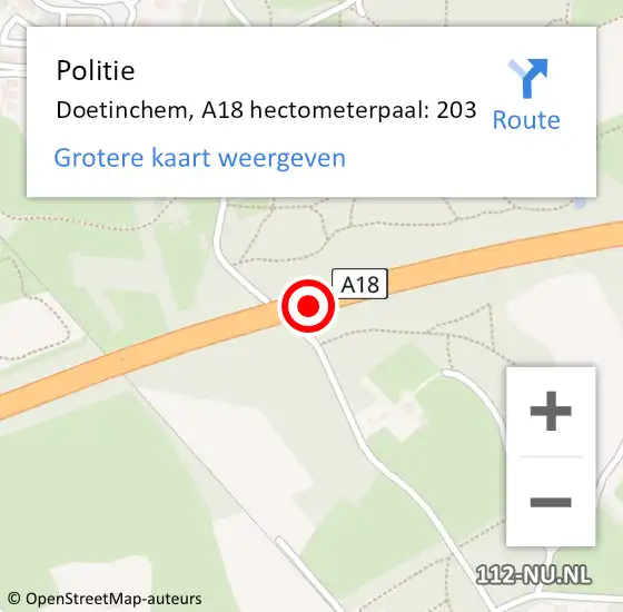 Locatie op kaart van de 112 melding: Politie Doetinchem, A18 hectometerpaal: 203 op 22 november 2022 12:50