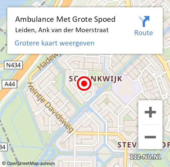 Locatie op kaart van de 112 melding: Ambulance Met Grote Spoed Naar Leiden, Ank van der Moerstraat op 22 november 2022 13:48
