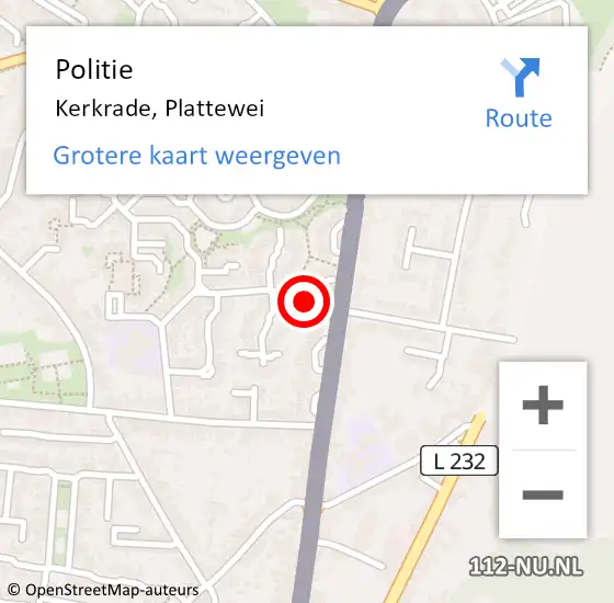 Locatie op kaart van de 112 melding: Politie Kerkrade, Plattewei op 22 november 2022 15:37