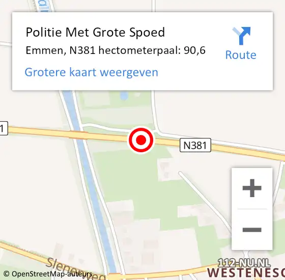 Locatie op kaart van de 112 melding: Politie Met Grote Spoed Naar Emmen, N381 hectometerpaal: 90,6 op 22 november 2022 16:35