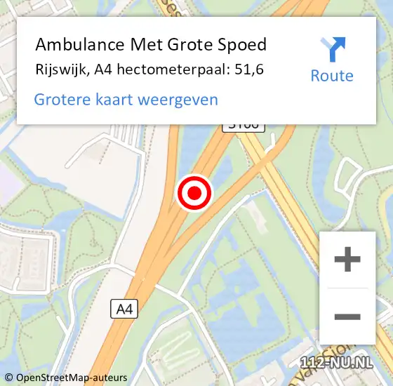 Locatie op kaart van de 112 melding: Ambulance Met Grote Spoed Naar Rijswijk, A4 hectometerpaal: 51,6 op 22 november 2022 16:37