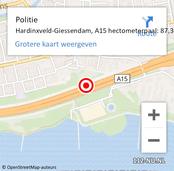 Locatie op kaart van de 112 melding: Politie Hardinxveld-Giessendam, A15 hectometerpaal: 87,3 op 22 november 2022 16:56