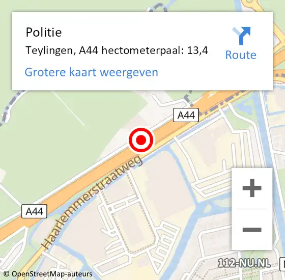 Locatie op kaart van de 112 melding: Politie Teylingen, A44 hectometerpaal: 13,4 op 22 november 2022 17:56