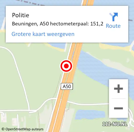 Locatie op kaart van de 112 melding: Politie Beuningen, A50 hectometerpaal: 151,2 op 22 november 2022 18:10