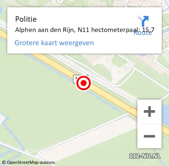 Locatie op kaart van de 112 melding: Politie Alphen aan den Rijn, N11 hectometerpaal: 15,7 op 22 november 2022 18:56