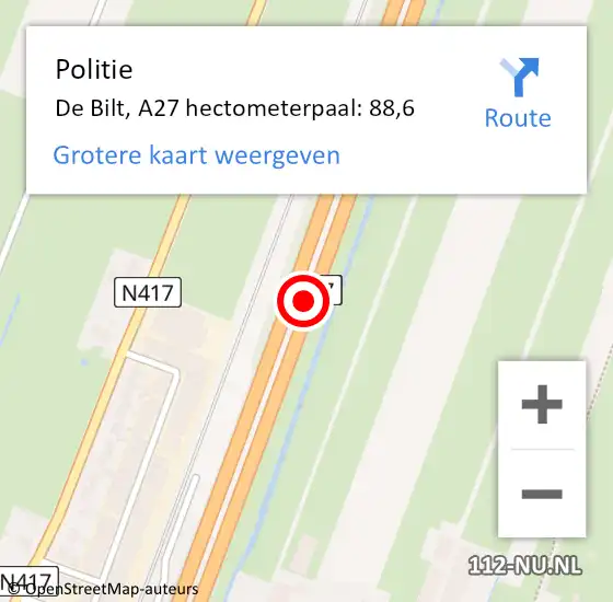 Locatie op kaart van de 112 melding: Politie De Bilt, A27 hectometerpaal: 88,6 op 23 november 2022 01:23