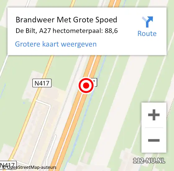 Locatie op kaart van de 112 melding: Brandweer Met Grote Spoed Naar De Bilt, A27 hectometerpaal: 88,6 op 23 november 2022 01:39