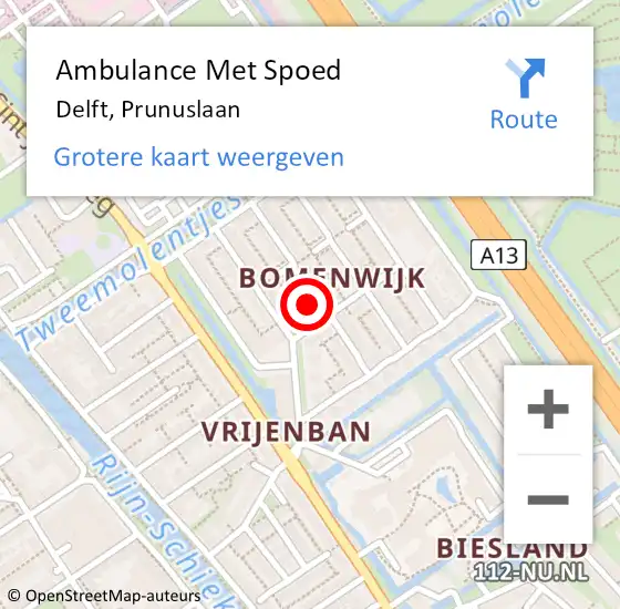 Locatie op kaart van de 112 melding: Ambulance Met Spoed Naar Delft, Prunuslaan op 23 november 2022 07:57