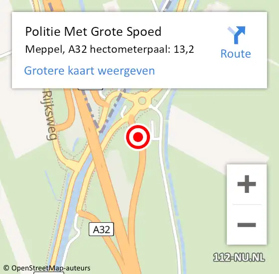 Locatie op kaart van de 112 melding: Politie Met Grote Spoed Naar Meppel, A32 hectometerpaal: 13,2 op 23 november 2022 07:58