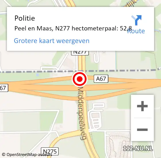 Locatie op kaart van de 112 melding: Politie Peel en Maas, N277 hectometerpaal: 52,8 op 23 november 2022 08:40